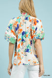 Brushed Floral Split Neck Blouse - Teal/Cream