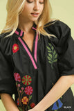 Garden Embroidered Puff Sleeve Split Neck Blouse