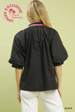 Garden Embroidered Puff Sleeve Split Neck Blouse