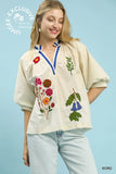 Garden Embroidered Puff Sleeve Split Neck Blouse