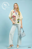 Garden Embroidered Puff Sleeve Split Neck Blouse