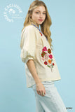 Garden Embroidered Puff Sleeve Split Neck Blouse