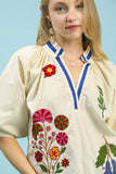 Garden Embroidered Puff Sleeve Split Neck Blouse