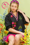 Garden Embroidered Puff Sleeve Split Neck Blouse