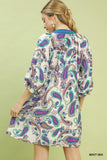 Paisley Popover Puff Sleeve Dress- Mint