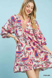 Paisley Popover Puff Sleeve Dress- Mint