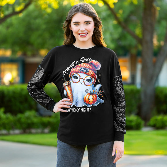 Pumpkin Spice & Spooky Nights Sequin Sleeve Top - Black