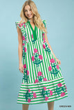 Garden Stripe Bloom Ruffle Sleeve Midi Dress- Green