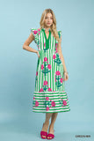 Garden Stripe Bloom Ruffle Sleeve Midi Dress- Green