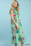 Garden Stripe Bloom Ruffle Sleeve Midi Dress- Green