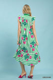 Garden Stripe Bloom Ruffle Sleeve Midi Dress- Green