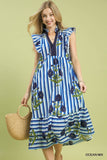 Garden Stripe Bloom Ruffle Sleeve Midi Dress- Green