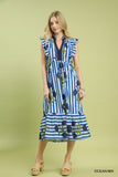 Garden Stripe Bloom Ruffle Sleeve Midi Dress- Green