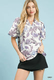 Lush Watercolor Blossom Split Neck Blouse - Lilac/Grey