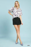 Lush Watercolor Blossom Split Neck Blouse - Lilac/Grey