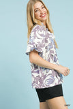 Lush Watercolor Blossom Split Neck Blouse - Lilac/Grey