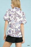 Lush Watercolor Blossom Split Neck Blouse - Lilac/Grey