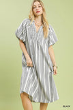 Striped Smocked V-Neck Midi Dress - Black