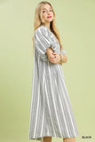 Striped Smocked V-Neck Midi Dress - Black