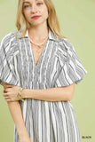 Striped Smocked V-Neck Midi Dress - Black