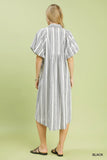Striped Smocked V-Neck Midi Dress - Black