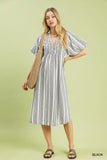 Striped Smocked V-Neck Midi Dress - Black