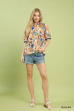 Santorini Paisley Puff Sleeve Top- Blue Mix
