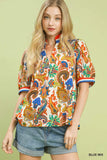 Santorini Paisley Puff Sleeve Top- Blue Mix