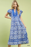 Baroque Tile Flutter Sleeve Dress- Blue