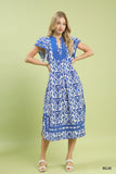 Baroque Tile Flutter Sleeve Dress- Blue