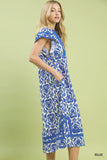 Baroque Tile Flutter Sleeve Dress- Blue