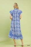 Baroque Tile Flutter Sleeve Dress- Blue