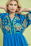 Mosaic Border Puff Sleeve Midi Dress