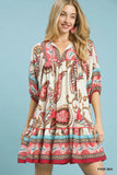 Boho Paisley Border Print Tiered Mini Dress - Pink
