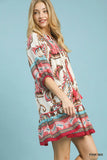 Boho Paisley Border Print Tiered Mini Dress - Pink