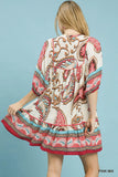 Boho Paisley Border Print Tiered Mini Dress - Pink