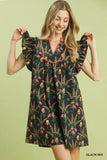 Prairie Wildflower Ruffle Sleeve Mini Dress - Black