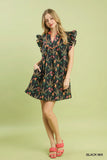 Prairie Wildflower Ruffle Sleeve Mini Dress - Black
