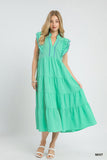 Seersucker Flutter Sleeve Scallop Edge Midi Dress- Mint