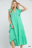 Seersucker Flutter Sleeve Scallop Edge Midi Dress- Mint