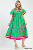 Island Floral Tiered Mini Dress with Short Flutter Sleeves- Green