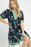 Midnight Garden Contrast Trim Swing Dress- Navy