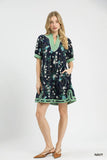 Midnight Garden Contrast Trim Swing Dress- Navy