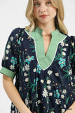 Midnight Garden Contrast Trim Swing Dress- Navy