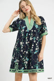 Midnight Garden Contrast Trim Swing Dress- Navy