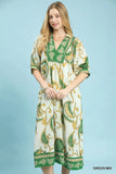 Ornate Paisley Puff Sleeve Midi Dress