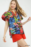Hawaiian Island Floral Contrast Trim Blouse