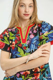 Hawaiian Island Floral Contrast Trim Blouse