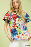 Hawaiian Island Floral Contrast Trim Blouse
