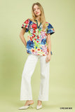 Hawaiian Island Floral Contrast Trim Blouse